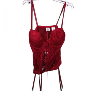 SOPHIA 3 Piece Lace LINGERIE SET Large Red With Black Thigh Highs New #1089